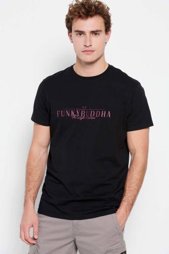 Funky Buddha ανδρικό βαμβακερό T-shirt με contrast lettering και logo label στο πλάι - FBM007-023-04 Μαύρο L